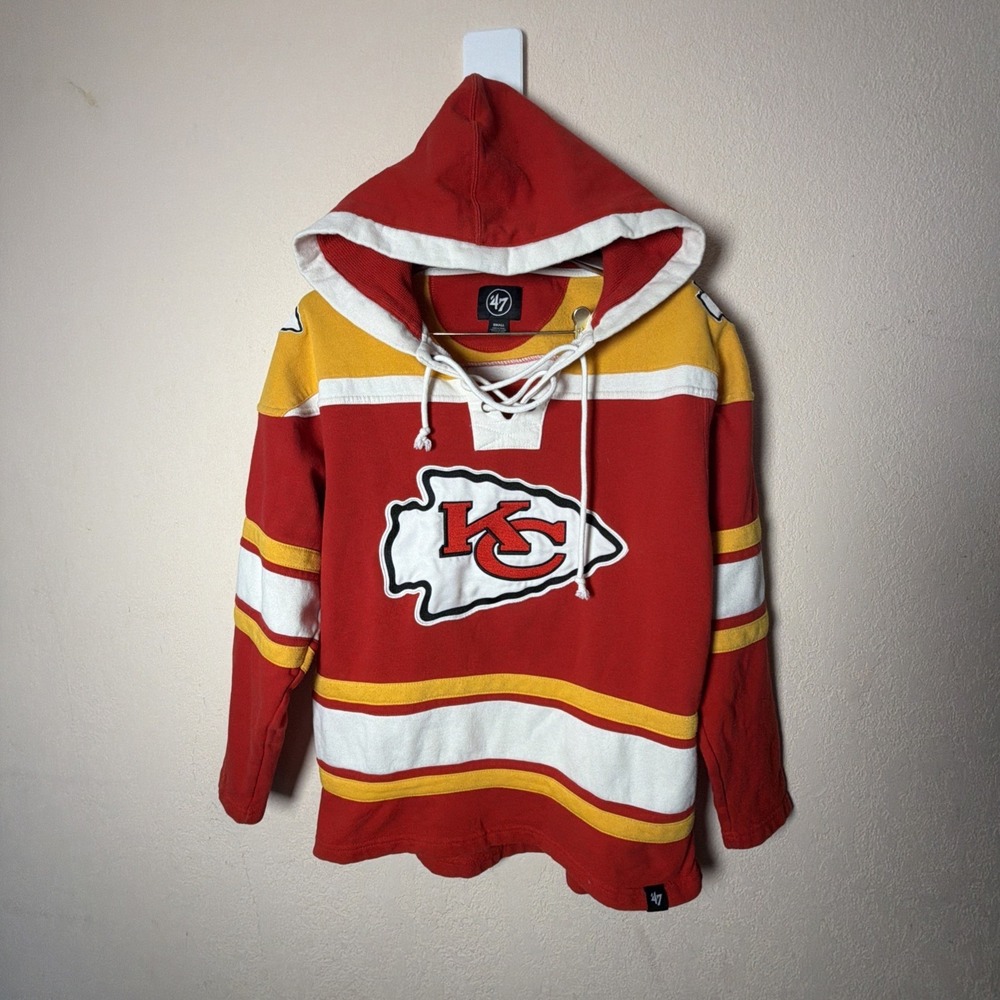 KANSAS CITY CHIEFS 47 Brand Superior Lacer Hockey Style Hoodie Throwback Sz Sm